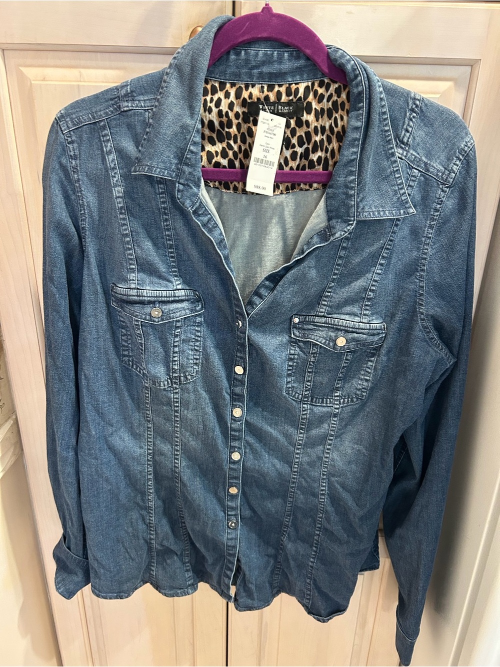 White House Black Market Light Wash Denim Jacket with Leopard Print Lining